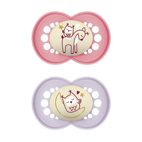 MAM Original Ciuccio Luminoso in Set da 2 Succhietti misura 6+ mesi, Tettarella in Silicone SkinSoft, Bio-circolare, con Custodia Porta Succhietto, Rosa