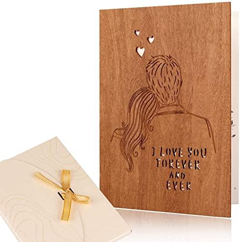 Creawoo Biglietto d'auguri in legno fatto a mano, ti amo per sempre e per sempre, idea anniversario, compleanno, matrimonio, appuntamenti, biglietto di San Valentino per lei, lui, moglie, marito