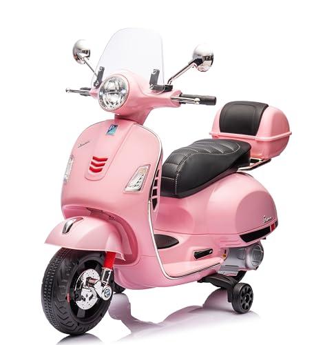 Mondial Toys Moto Elettrica Scooter per Bambini Vespa GTS Super Piaggio 12V con Sedile in Pelle Bauletto MP3 Luci a Led Full Optional (Rosa)