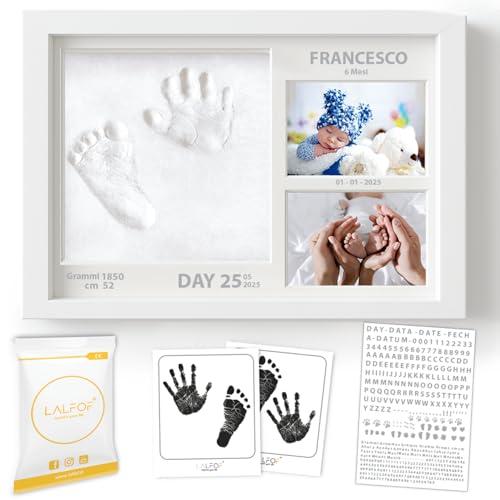 Lalfof® Cornice Impronta Mani e Piedi Neonati 2in1 con Nome. Cornice impronte neonato con kit in argilla e inkpad. Idea regalo per neonato maschio o regalo neonata femmina. kit impronte neonato 2in1