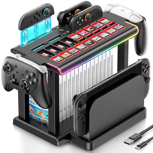 Supporto di Organizzazione per Switch 2 con Caricatore Joy-Con 2, Base di Archiviazione per Switch 2025, Luce RGB Base di Ricarica Magnetica Joy-con 2 con 16 Slot per Schede di Gioco e TV Dock