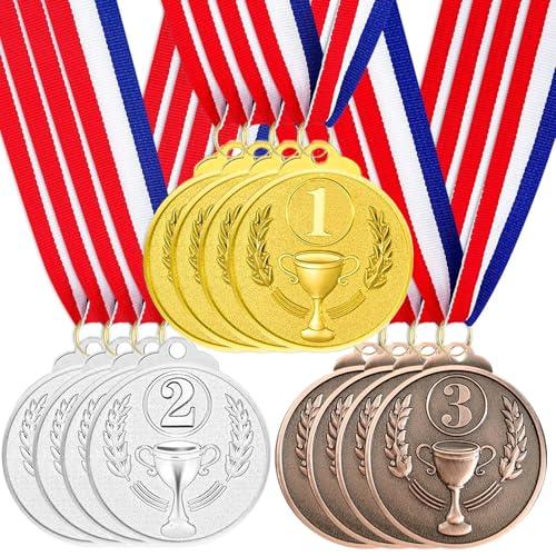 Santme 12 Pezzi Medaglie Premiazioni Metallo, Medaglia Oro Argento Bronzo con Nastro Collo Vincitore di Medaglie per Bambini Giochi Feste di Giorno la Giornata dello Sport 5.0cm