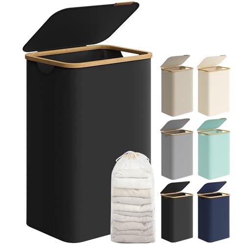 SONGMICS Cesto Portabiancheria con Coperchio, Cesta per Bucato, 90L, Salvaspazio, Sacco Rimovibile, Tessuto Oxford, Manici di Bambù, Pieghevole, 42 x 32 x 70,5 cm, Nero Inchiostro LCB509B01