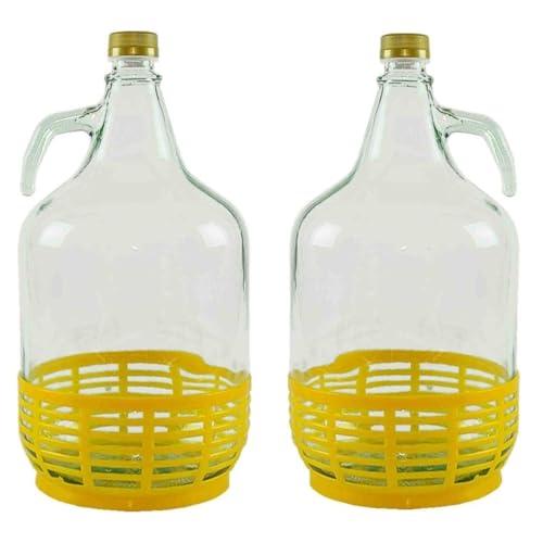 Firmadigaranzia srl SET 2 x Damigiana, Fiasco, Bottiglie di Vetro, da 5 l, con Chiusura a Tappo VITE e cestello - Dama Vetro 5L per Acqua Vino Olio - BOCCIONE Vetro per STOCCAGGIO
