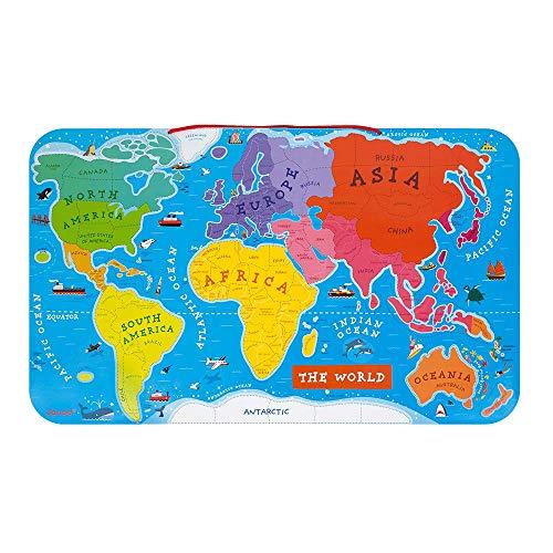 Janod Wooden Magnetic World Map Puzzle - 92 Magnetic Pieces - 70 x 43 cm - English Version - Educational Game from 7 Years Old, J05504