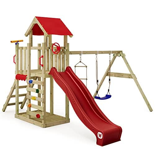 Wickey Torre da arrampicata MultiFlyer Light, altalena e scivolo, torre da arrampicata per bambini all'aperto con sandbox, scala e accessori da gioco per il giardino - rosso