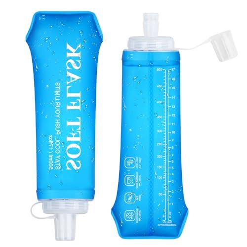 Euqvunn Borraccia Pieghevole 2 Pezzi, Borraccia Morbida 500 ml Riutilizzabile 500ml Senza BPA con Cappuccio Antileak, Pieghevole per Corsa, Escursioni, Ciclismo