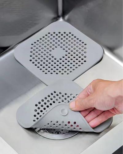 2 tappi per scarichi per capelli, in silicone, quadrati, con ventose, per doccia e vasca da bagno, per bagno, cucina e lavandino, facile da installare, colore grigio