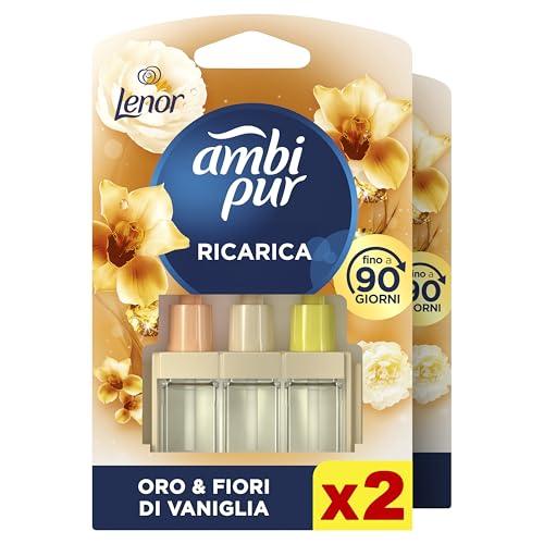 Ambi Pur 3Volution Profumatore per Ambienti, 2 Ricariche per Diffusore Elettrico, Fragranza Lenor Oro e Fiori di Vaniglia, tecnologia Elimina Odori