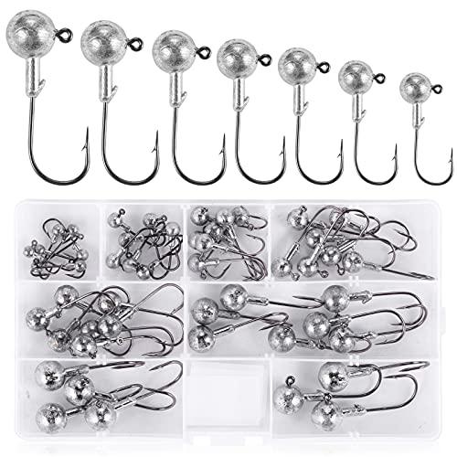 UNOLIGA 49pcs Testine Piombate Spinning Amo da Pesca, Ami Piombati Spinning Jig Head Gancio per Pesca Trota, Ami da Pesca Spinato Affilati (1/2/ 3.5/5/7/10/14 g)