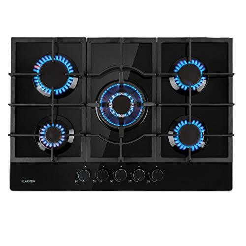 KLARSTEIN Ignito - Piano Cottura a Gas, Piastra da Incasso, Bruciatore Sabaf, Gas Naturale/Gas Propano, Valvole di Sicurezza, Spegnimento Automatico, Acciaio Inox, 5 Fuochi, 75 cm, Nero