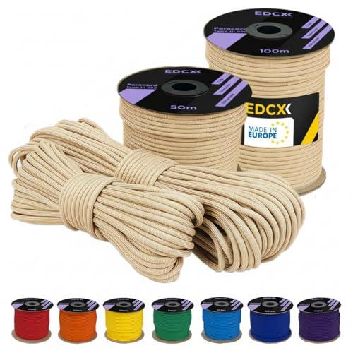 EDCX poliestere Paracord 550 (15, 30 e 50 m) – 4 mm Tipo III, cavo per paracadute resistente allo strappo per la sopravvivenza in 100% poliestere con 7 fili | Colori a tinta unita (Beige, 15 m)