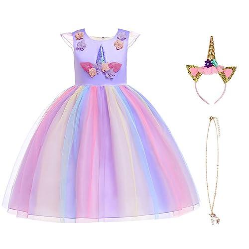 URAQT Ragazza Vestito Unicorno, Ruffles Fiori Festa Cosplay Abito da Sposa Carnevale Ballo Abito Festa di Compleanno Vestito della Principessa per Bambine,110CM