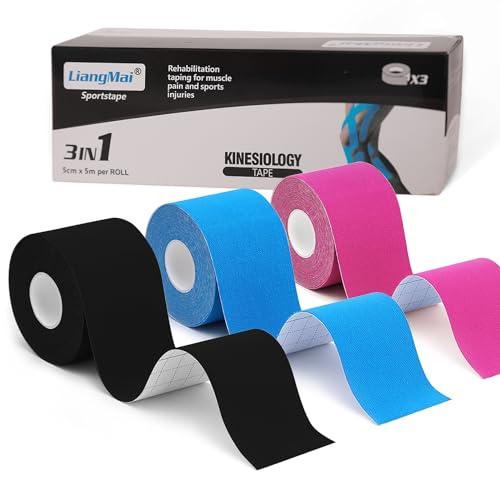 LiangMai Kinesio Tape - 3 rotoli 5cm x 5m di tape kinesiologico Nero+Blu+Rosa, tape sportivo impermeabile ed elastico - Nastro Kinesiologico nastri amici della pelle per ginocchio spalla gomito