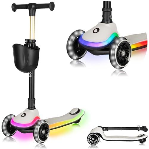 LIONELO Monopattino Bambino a 3 Ruote MEY per bambini da 3 anni fino a 50kg, Monopattino per Bambini con Illuminata e Ruote a LED, Altezza Regolabile, Pedana Antiscivolo, laggero, Cestino (MAY, Beige)
