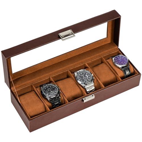 ProCase Porta Orologi Uomo a 6 Posti, Scatola Orologi in Pelle, Custodia Orologi con Coperchio in Vetro, Idea Regalo Portagioie Uomo Organizer per Orologi -Marrone