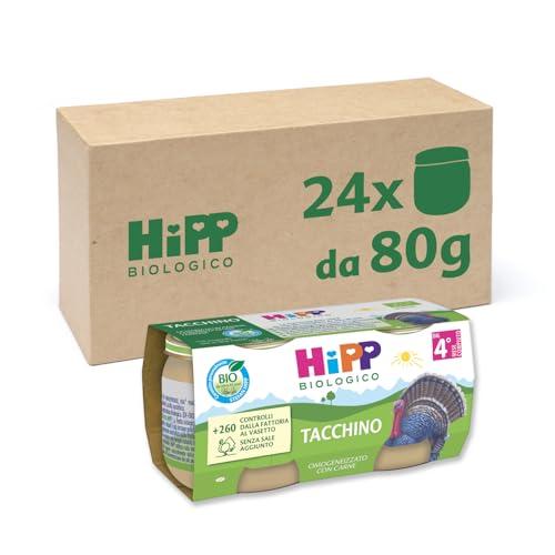 HiPP - Omogeneizzato di Carne Biologico per Neonati, Gusto Tacchino, Senza glutine, Senza Sali e Aromi Aggiunti, Carne Bio, 24 Vasetti da 80 g