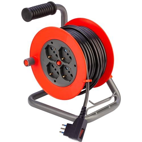 POLY POOL - PP2707 Avvolgicavo Serie Mini 10m Multisize - Spina Piccola 10A - Avvolgicavo con 4 Prese Pluristandard Grandi e Interruttore di Sicurezza