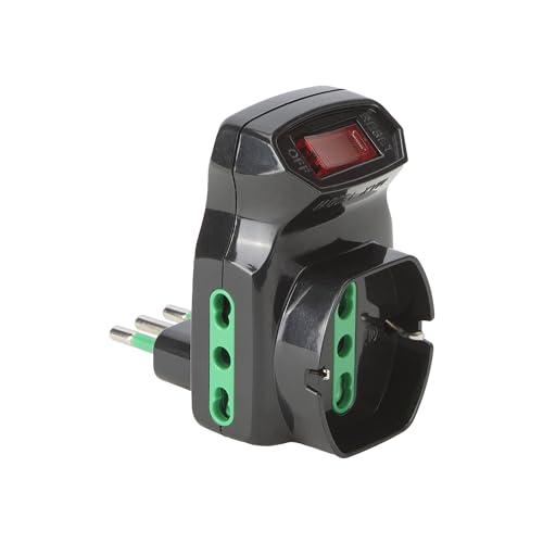 FANTON 87318 Adattatore triplo spina piccola 10A - 2 prese bipasso 16A - 1 presa bipasso italo/tedesca schuko con interruttore - protezione sovraccarico NERO