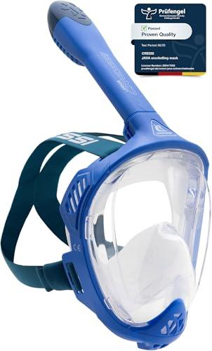 CRESSI Java Full Face Mask Blue/Blue Navy S/M - Maschera Snorkeling Integrale Unisex, Lente Ultra Chiara Anti Fog, 100% Silicone, Snorkel Dry con Valvole Sicurezza, Blu/Blu Navy, S/M