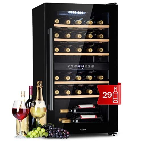 Klarstein Cantinetta Vino, Cantinetta Vino Refrigerata a Zona Doppia per Interno/Esterni, Frigo Bar, Cantina Vino con Vetrina, Mini Bar con Protezione UV, Frigo Vino Touch, 5-22°C, 29 Bottiglie