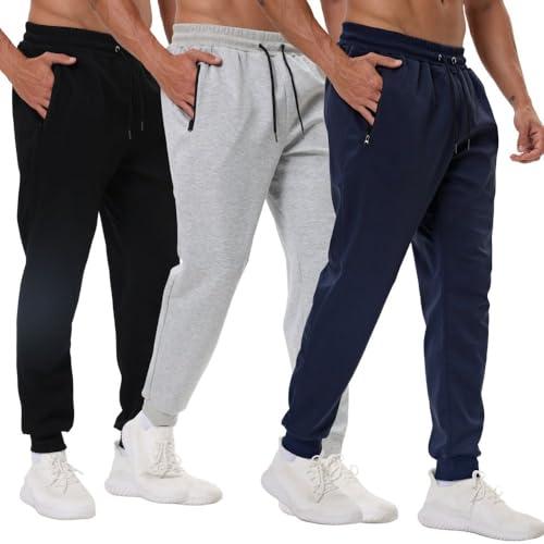 Bsrpolry Confezione da 3 pantaloni sportivi da uomo con tasche con cerniera, pantaloni da allenamento da palestra per corsa e jogging, Nero/Grigio chiaro/Blu marino, XL