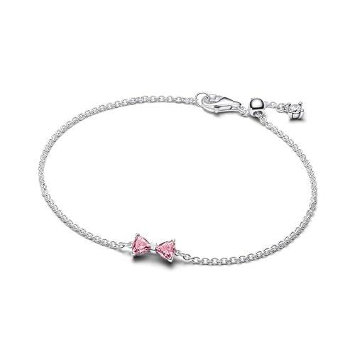 PANDORA Bracciale da donna con fiocco rosa, argento 594234C01, 18 cm, Argento sterling, Zirconia cubica