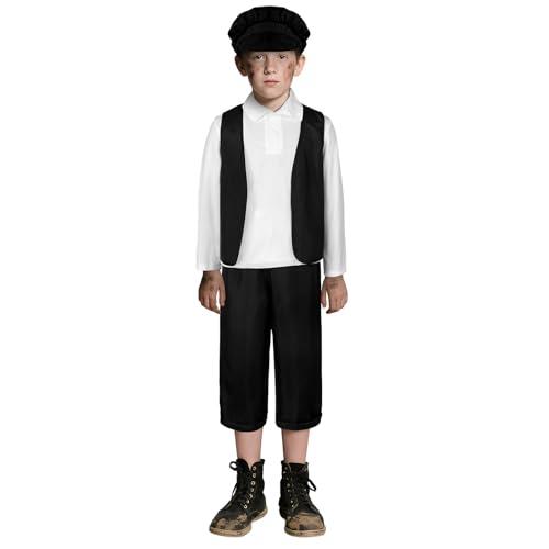DiULi Costume da Ragazzo Vittoriano, 4PCS Costume Vittoriano per Bambini, Vestito Medievale Bambini, per Carnevale, Festa, Cosplay (Nero-XL)