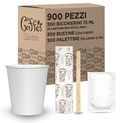 cubex professional Kit Caffè 900 Pezzi Formato da 300 Bicchierini in Cartoncino riciclabili da 75 ml, 300 Bustine di Zucchero e 300 Palettine in Legno 9 cm