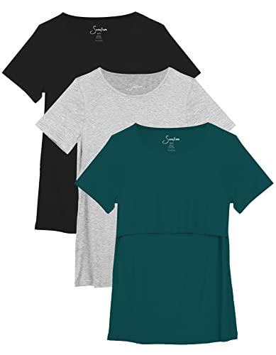 Sosolism Set da 3 Magliette da Allattamento Estate a Maniche Corte T-Shirt Casual per Gravidanza e Post-Parto per Donne Nero, Grigio Chiaro, Verde, Medio