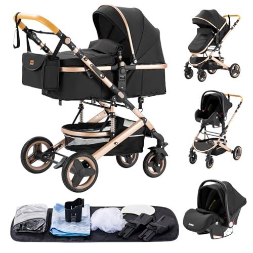YAZOCO Passeggino Trio 3 in 1 Carrozzina Multifunzionale Carrozzina Ovetto Pieghevole Set Passeggino Neonato Sedili Parapiedi Zanzariere Vista Dall'Alto