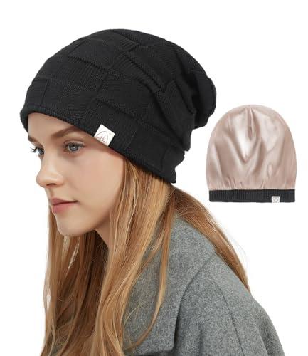 Hat Hut Cappello Invernale da Donna da Uomo, Berretto Foderato in Raso Seta, Caldo Berretto da Sci Unisex Cappello in Maglia Slouch Beanie (IT, Testo, Taglia Unica, Nero Puro)