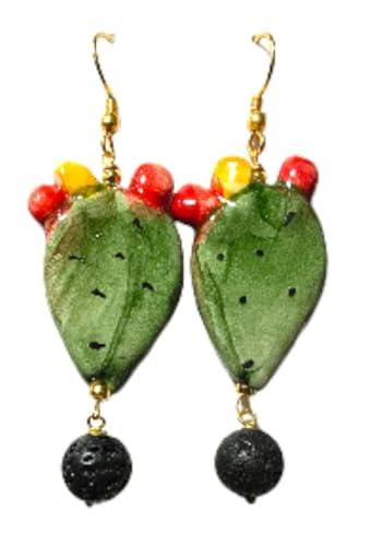 Orecchini Fico D'India Ceramica Con Perline Idea Originale per Regalo Natale Compleanno Festa Della Mamma,Fatto a Mano, Gioielli Siciliani Donna Ceramica (Fico)