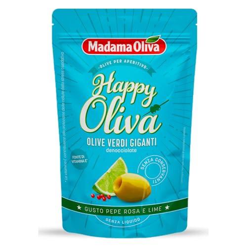 Madama Oliva Olive Verdi Giganti Denocciolate 80g, Varietà Halkidiki, Gusto Lime e Pepe Rosa, Lavorazione Sivigliana, Senza Conservanti, Atmosfera Protettiva, Pratiche Bustine Easy Open