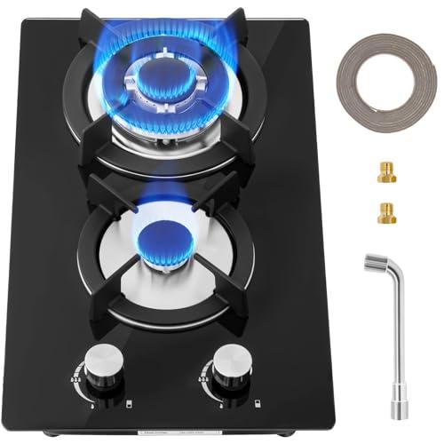 Piano Cottura 2 Fuochi Gas，Piastra di cottura a Gas da Incasso vetro, Piano Cottura con Protezione Automatica Della Fiamma,con Supporti in Ghisa Gas Naturale e Gas Propano