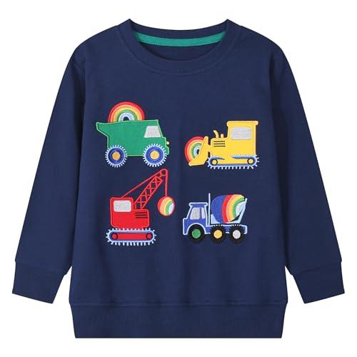 Gumyoss Felpa Bambino con Dinosauro Pullover Bimbo in Cotone Magliette Manica Lunga Ragazzi Autunno Inverno Felpa Bambini, Veicolo di ingegneria Blu Scuro, 4 Anni