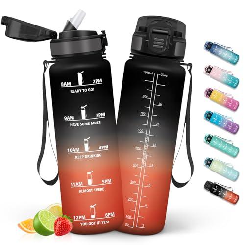 HoneyHolly Borraccia Palestra 1 Litro con Orari per Bere, Borraccia Motivazionale senza BPA, Borracce con Cannuccia, Bottiglia Acqua per Ufficio, Trekking