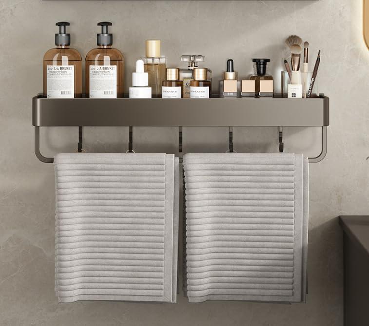 Lrocotanc Mensola Doccia in Acciaio Inox - Accessorio Mensola Bagno - Portasapone Doccia - Porta Bagnoschiuma e Shampoo per Doccia - Organizer Doccia - Con Porta Asciugamani, 5 Ganci (Grigio)