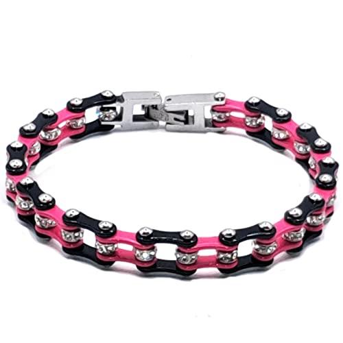 Braccialetto catena moto in acciaio inox bracciale da uomo e da donna nero e fucsia slim con shopper e custodia in omaggio firmato Desja