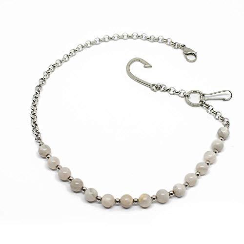 Catena portachiavi da uomo per pantaloni con perle di agata bianca da 8 mm