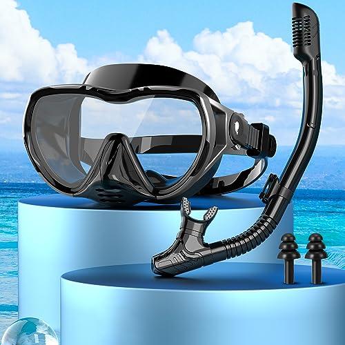 Set per Snorkeling Adulti con Maschera e Boccaglio, Maschera Subacquea Adulti, Subacquea Maschera Boccaglio, 180°, Panoramica, Anti-perdite, per Snorkeling Nuoto e Immersioni (Grigio nero)