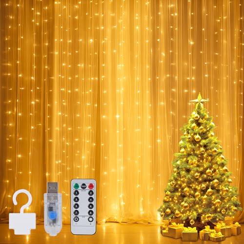 LuJasi Tenda Luci LED, 3Mx3M 300 LED IP65, Tenda Luminosa con Telecomando/Timer/8 Modalità/Dimmer, USB Stringa Luci Natale Bianco Caldo per Esterni/Interni per Festa, Matrimonio, Giardino