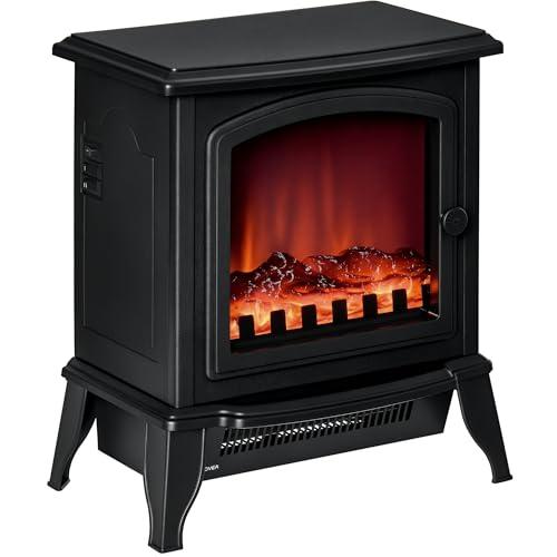 HOMCOM Camino Elettrico da Terra con Potenza Regolabile 1000W/2000W ed Effetto Fiamma Realistico, Caminetto Portatile in ABS e Vetro Temperato, 36.5x24x45.5 cm, Nero