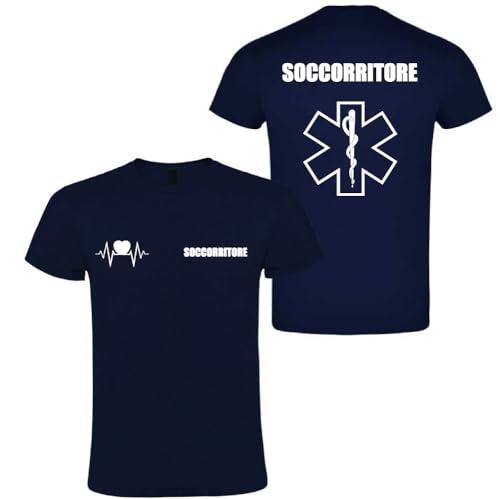 T-shirt in cotone adatto per Soccorritore 118 soccorso con stampa bianca fronte e retro NM (Blu Navy, S)