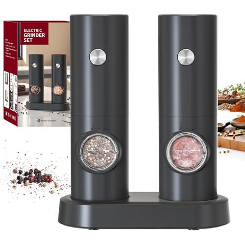 CIRCLE JOY Set Macina Sale e Pepe Elettrico a Batteria Macinaspezie con Base, Luce LED Bianca e Rugosità Regolabile, Nero