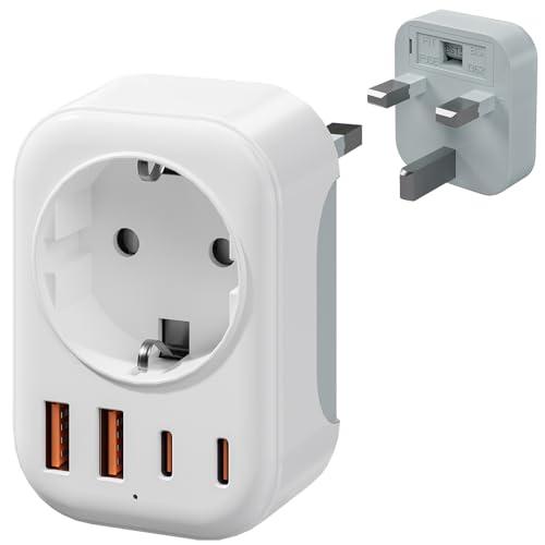 Bigfish Adattatore Presa Inglese con 2USB C e 2USB A, 5 in 1 Adattatori Prese Inglesi, Adattatore da Viaggio Spina UK Tipo G per Regno Unito, Inghilterra, Irlanda, Scozia, Singapore