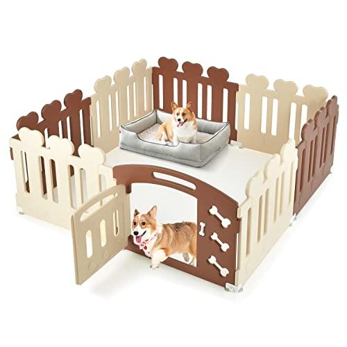 COSTWAY Recinto per Animali con 8 Pannelli, Cancelletto per Cani e Cognigli in HDPE con Porta, Chiusura e Angoli Sicuri, Cancello per Animali da Interno ed Esterno (Marrone e Beige)