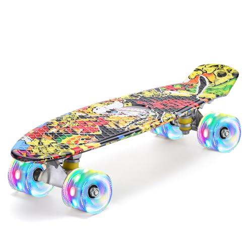 ERNAN Skateboard 22in Mini Cruiser Skateboard Completo retrò per bambini, ragazzi, adolescenti, adulti, principianti, ruote luminose a LED,carico massimo 99,8 kg (KKlO)
