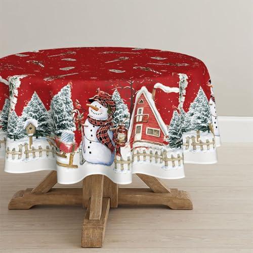 Artoid Mode Rosso casa neve alberi recinzione pupazzo di neve tovaglia natalizia rotonda 140 cm, protezione antimacchia invernale biancheria da tavola cucina decorazione per feste