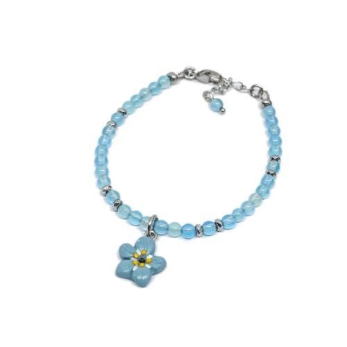 Bracciale non ti scordar di me - braccialetto donna con perle di agata azzurra e ciondolo fiore non ti scordar di me